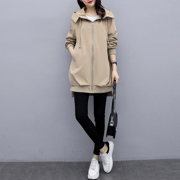 Trench oversize casual da donna con cappuccio, color cachi e nero – Giacca a vento a maniche lunghe in stile coreano con cerniera_voghion.com