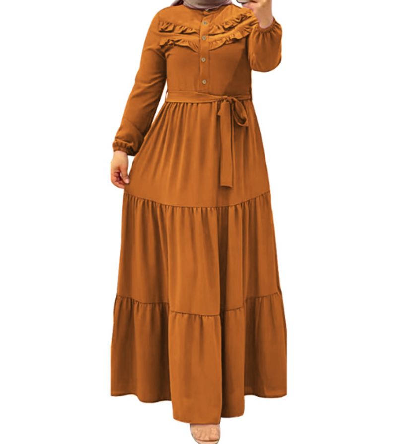 Women's Clothing Muslim Robe Solid Color With Belt Fashion Casual Dress_voghion.com