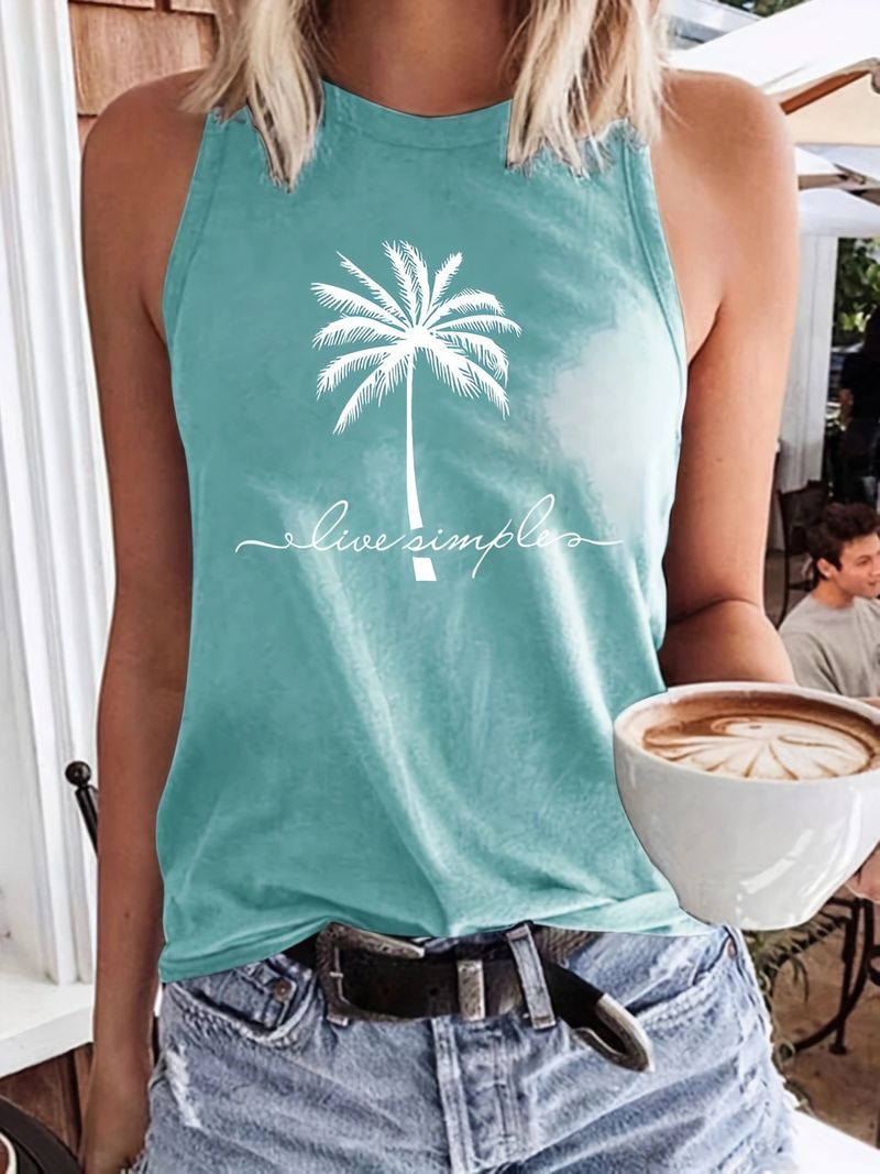 Women's clothing vacation coconut tree letter print casual loose round neck vest women_voghion.com