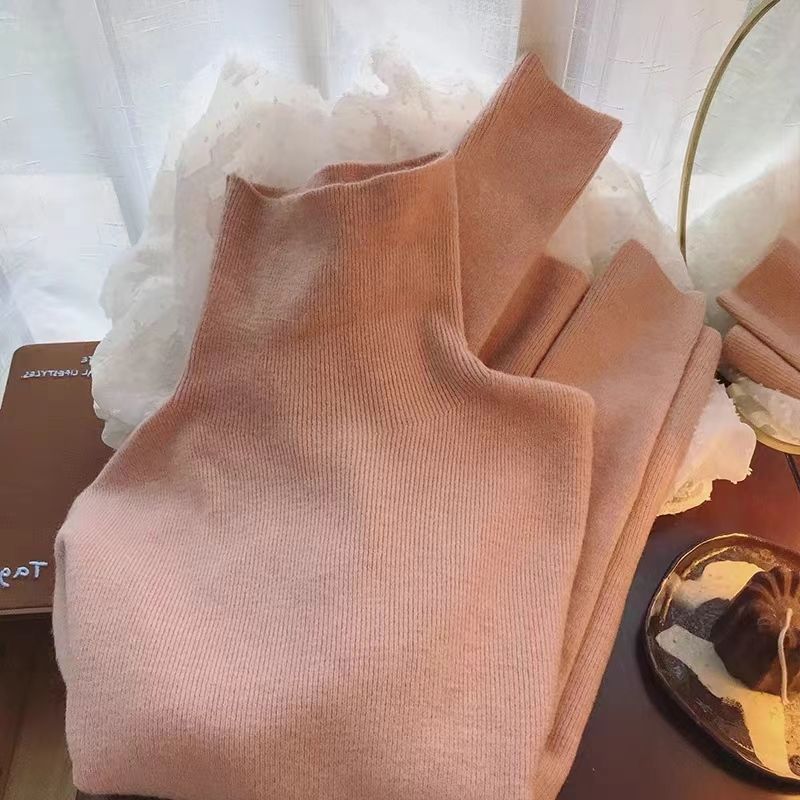 Autumn and winter high-end khaki high neck sweater, women's slim fit long sleeved base top, stacked knitted pullover,_voghion.com