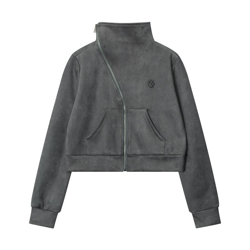 Women's Loose Casual Zipper Design Solid Color Stand Collar Short Long Sleeve Sweatshirt_voghion.com