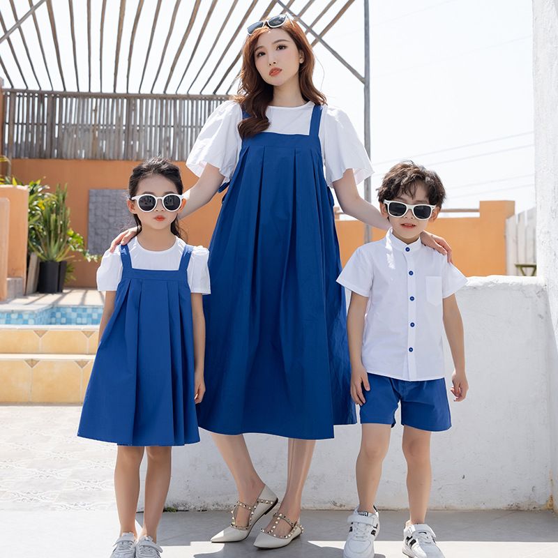 Mutter & Kinder 24 Sommer neue eltern-kind-outfit kurzarm Klein blau mutter-tochter kleid familie von drei oder vier anzüge_voghion.com