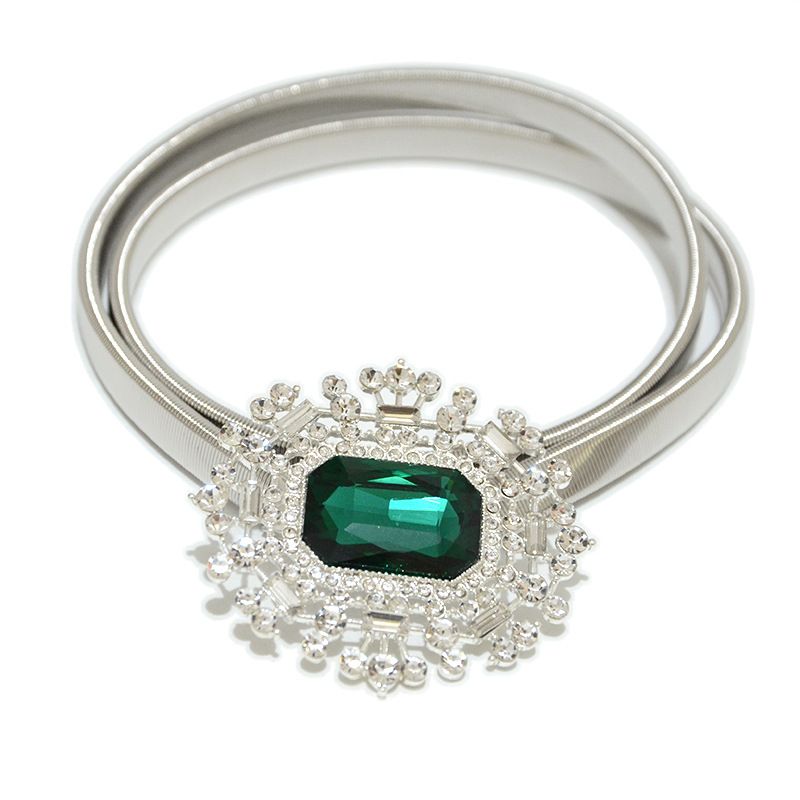 New Women's Metal Spring Fashionable and Versatile Green Pei Cui Water Diamond Inlaid Elastic Chain Thin Waist Belt_voghion.com