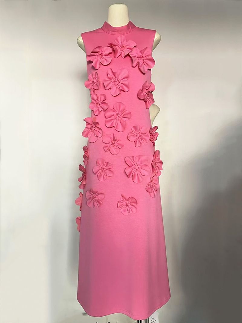 Robe Couture – Col fleuri sculpté et taille empire (Noir/Rose/Chartreuse/Violet/Rouge, mélange de polyester, coupe trapèze pour une élégance intemporelle)_voghion.com