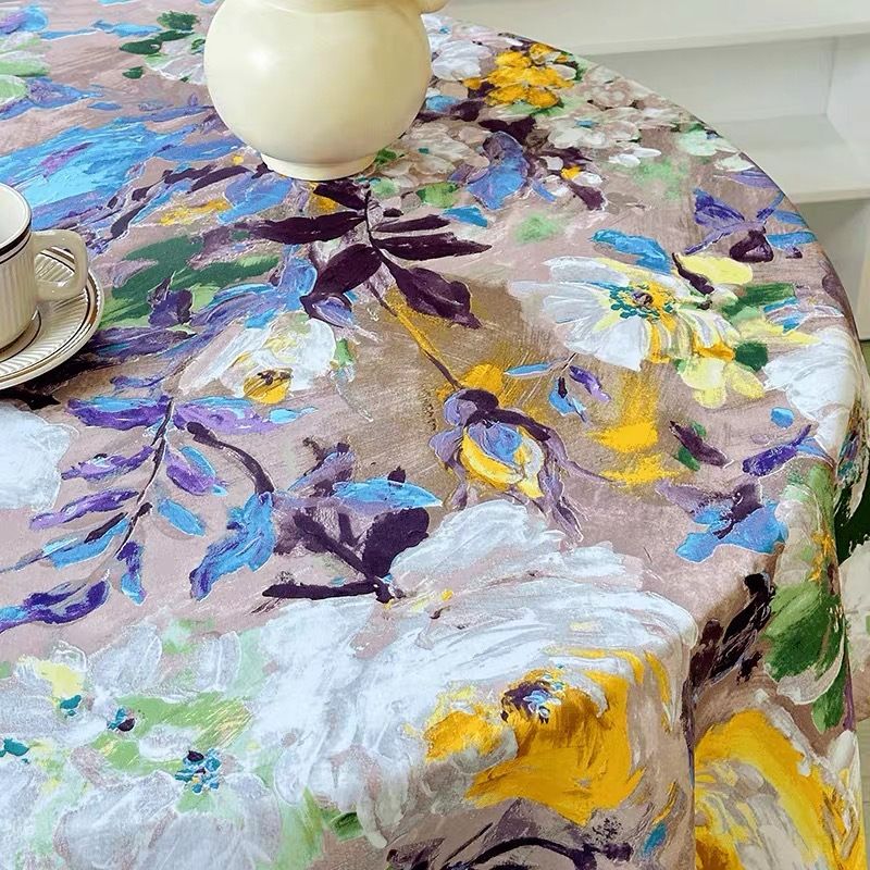Vintage Oil Painting Tablecloth – Non-Slip Rectangular & Round Table Cover With Lace Trim / Green Tassels – Washable Polyester Fabric_voghion.com