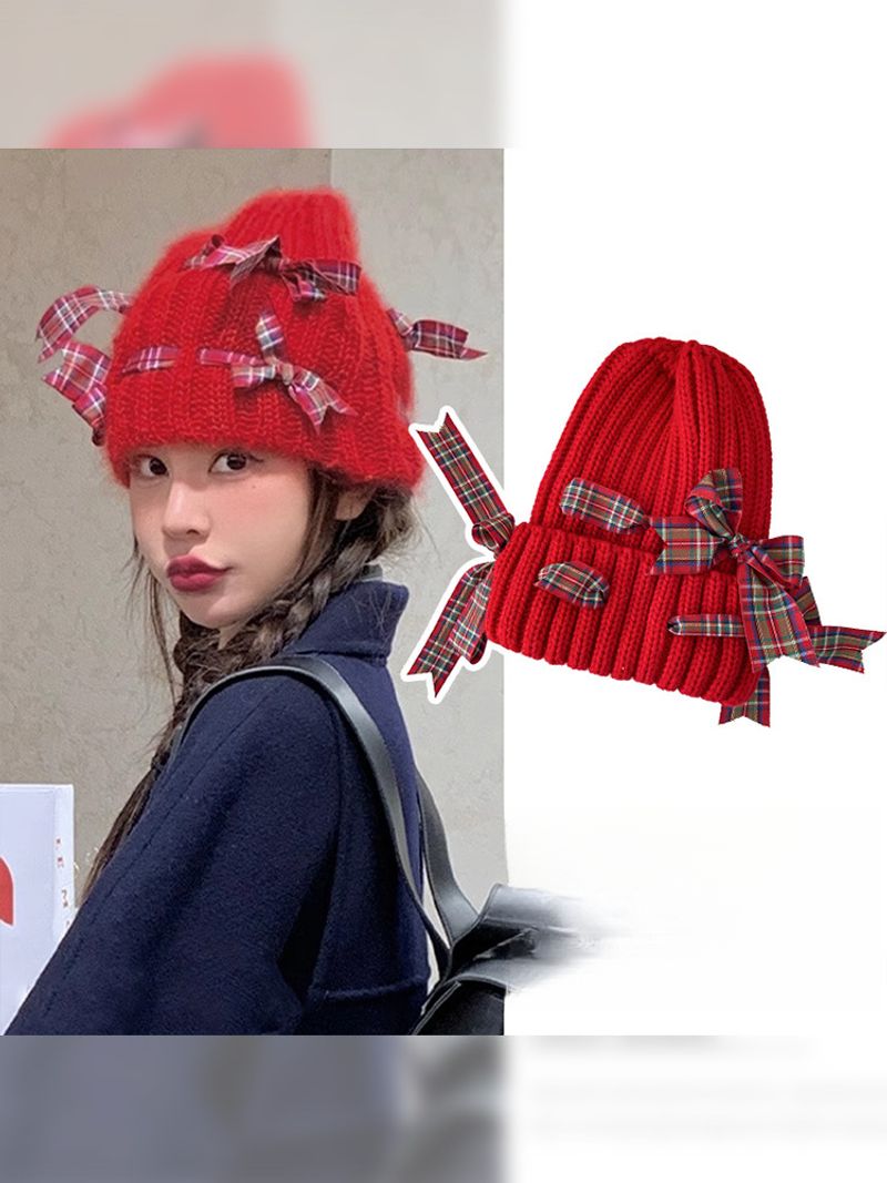 red Plaid Bow Knit Women's Hat, Autumn And Winter Warm Hat, Suitable For Large Head Circumference, 2025 New Warm Hat._voghion.com