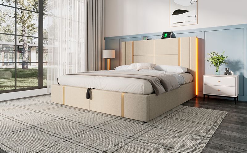 Polsterbett Doppelbett USB Type C Ladefunktion APP-Control LED 160×200 Stauraumbetten Bettgestell, Lattenrost Aus Holz,Beige Leinenmaterial (Ohne Matratze)_voghion.com