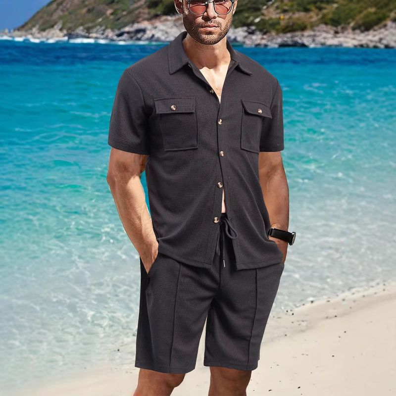 Herren-Sets, kurzärmelig, einreihig, T-Shirts, einfarbig, knielang, Hose, Shorts, locker, zweiteilig, lässig, Taschen, Sommer_voghion.com