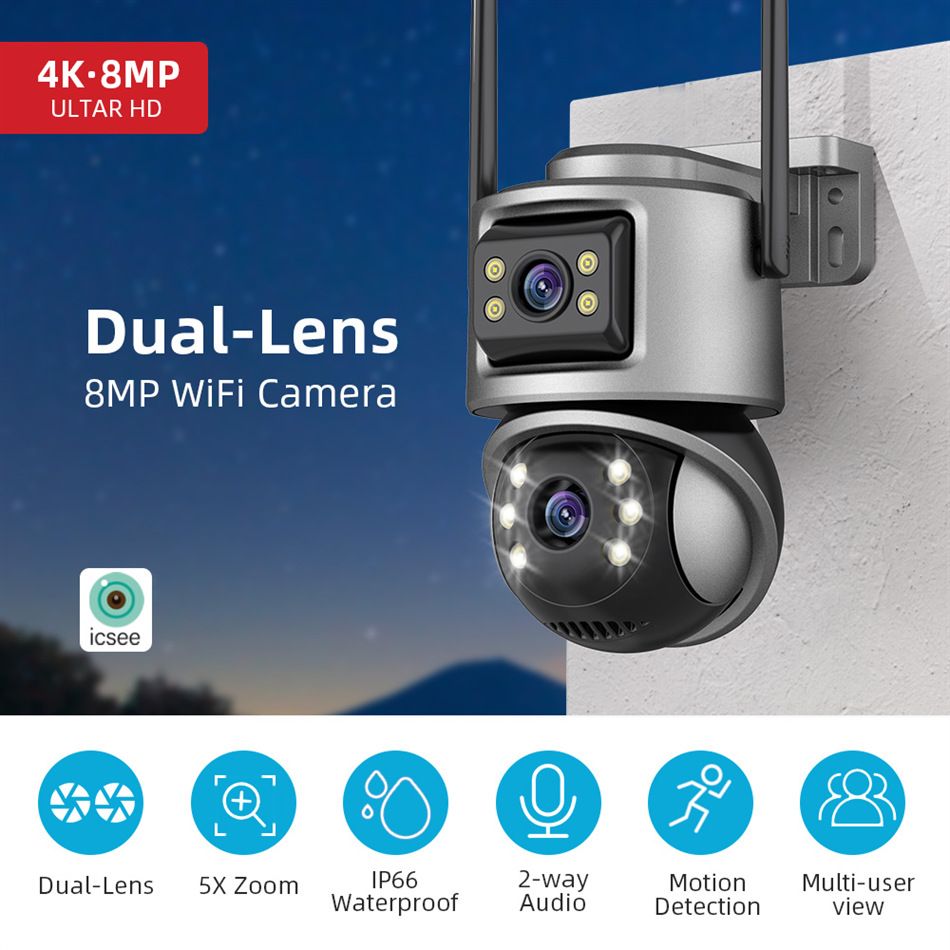 Icsee verrekijker 8MP dubbele lens HD-camera voor thuis, draadloos geweer, kogelkoppeling, geïntegreerde monitor 4_voghion.com