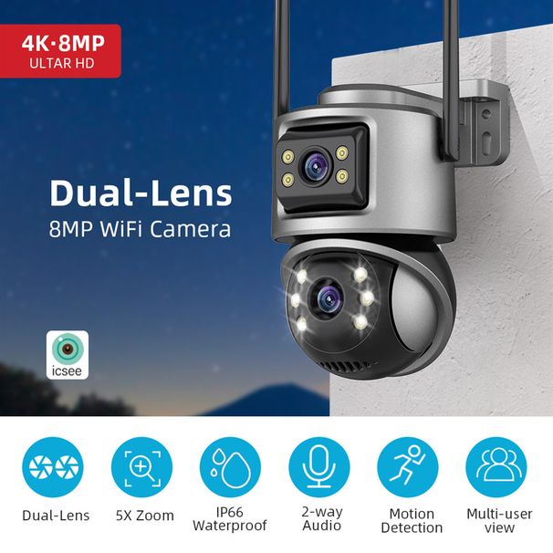 Icsee verrekijker 8MP dubbele lens HD-camera voor thuis, draadloos geweer, kogelkoppeling, geïntegreerde monitor 4_voghion.com