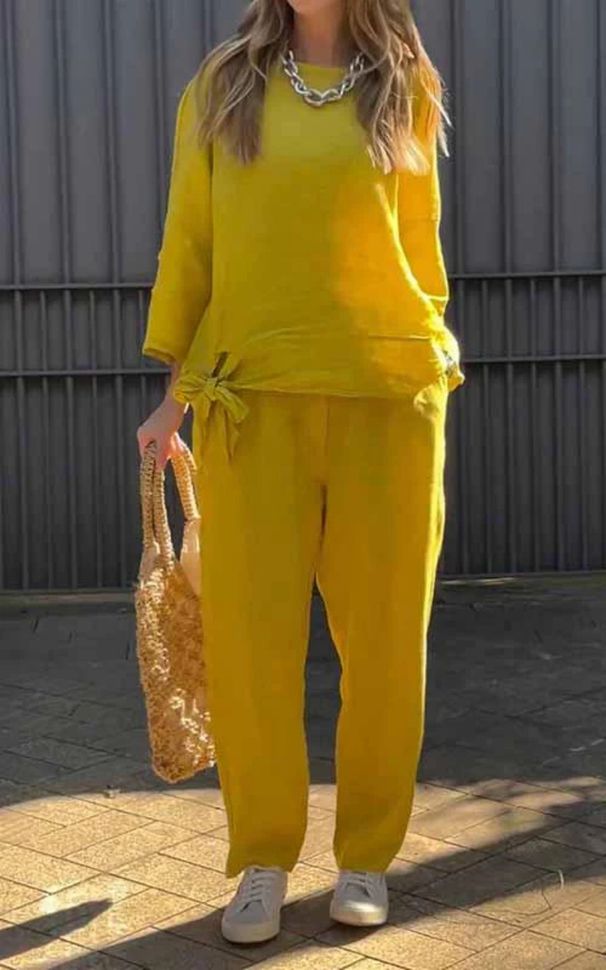 Damenbekleidung 2-teiliges Damen-Set in Übergröße, Hemdanzug aus Baumwolle und Leinen, hohe Taille, lockere Hose_voghion.com