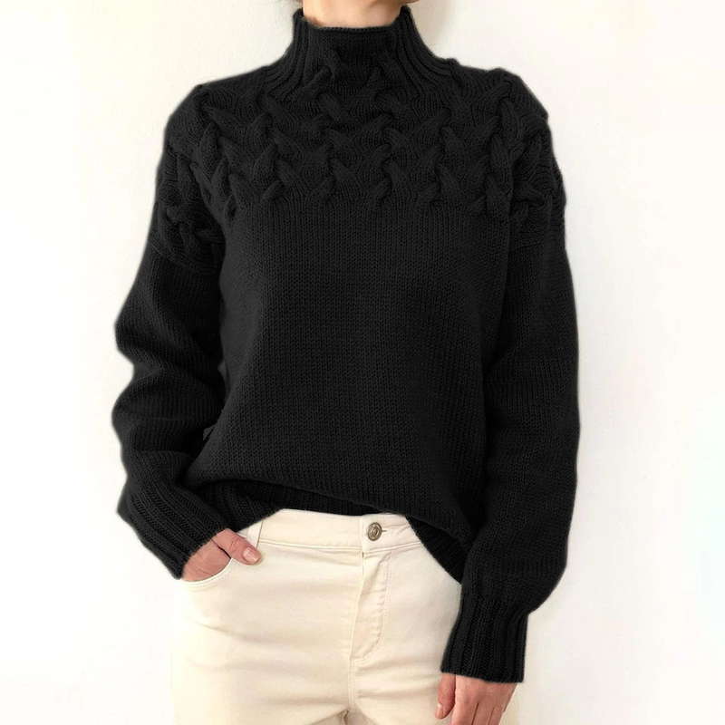 Damenmode-Rollkragenpullover mit Zopfmuster und langen Ärmeln_voghion.com