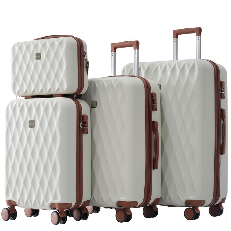 Koffer-Set, S-M-L-XL-Set, Gepäck Mit Kosmetiktasche, Hartschalen-Koffer, Rollkoffer, Reisekoffer, Handgepäck 4 Rollen, ABS-Material, TSA Zollschloss, (Creme + Braun)_voghion.com