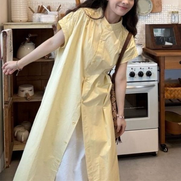 Kadınlar İçin Sarı Tek Göğüslü Kısa Kollu Elbise Yaz 2025 Yeni Bol Zayıflama Tembel Stil Günlük Basit Takım_voghion.com