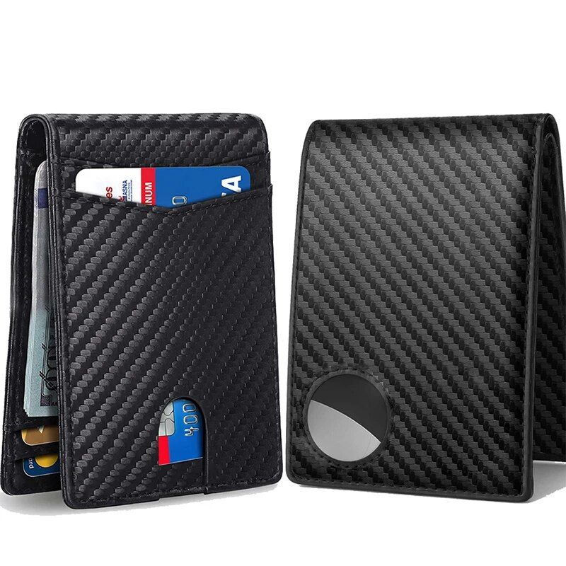 Cartera Airtag de cuero de fibra de carbono RFID, tarjetero, monedero Airtag, billetera minimalista negra para hombre_voghion.com