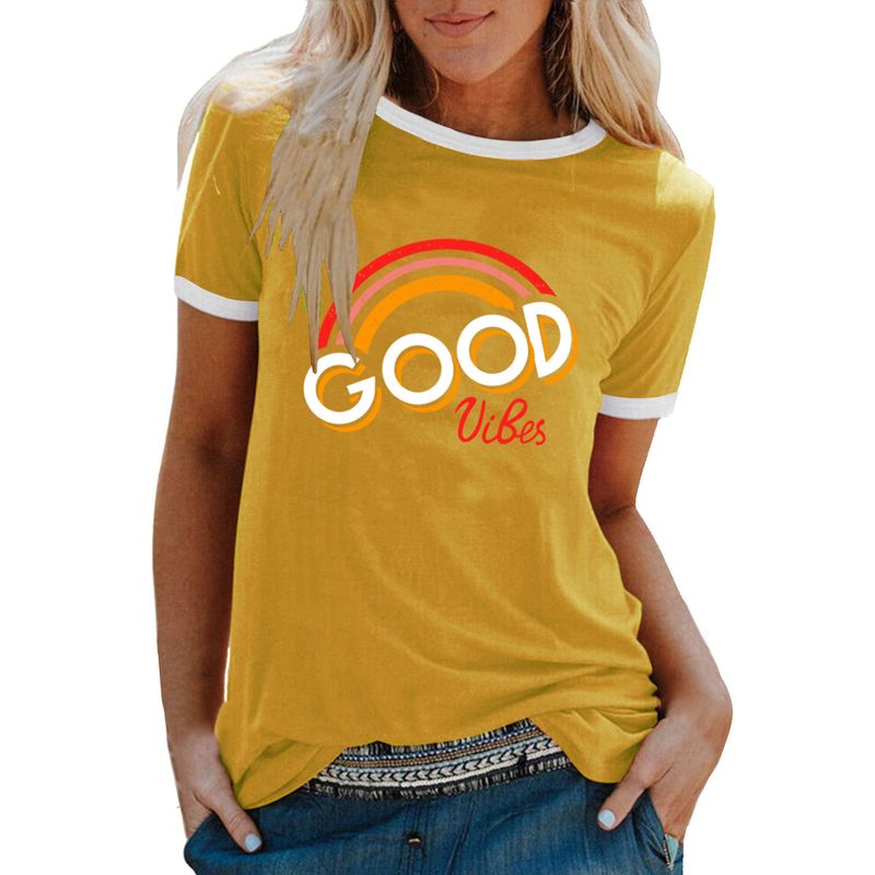 Maglietta da donna con stampa arcobaleno e scollo rotondo a maniche corte, modello GOOD VIBES, per il commercio estero transfrontaliero_voghion.com