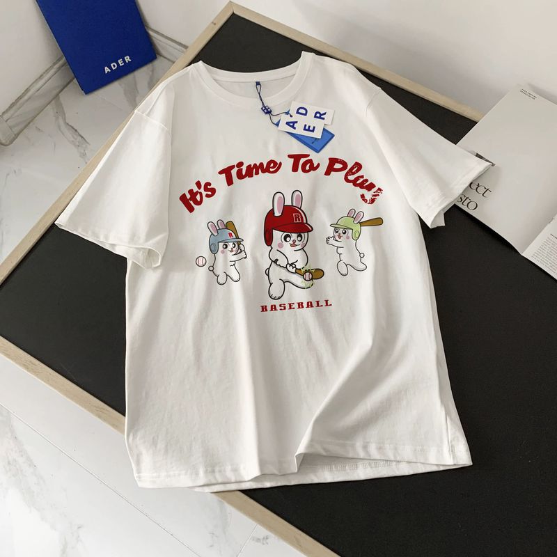Amerikanisches Sommer-T-Shirt mit schweren Ärmeln für Damen, lockeres reines Weiß, Rundhalsausschnitt, koreanische Modemarke, Oberteil mit geraden Schultern_voghion.com
