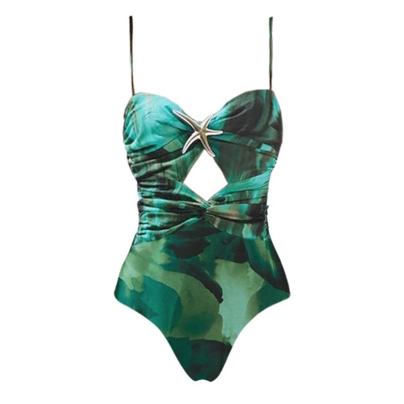 Women's Clothing Swimwear New Green Ink Print Hollow One Piece Swimsuit And Slit Umbrella Skirt Holiday Suit_voghion.com