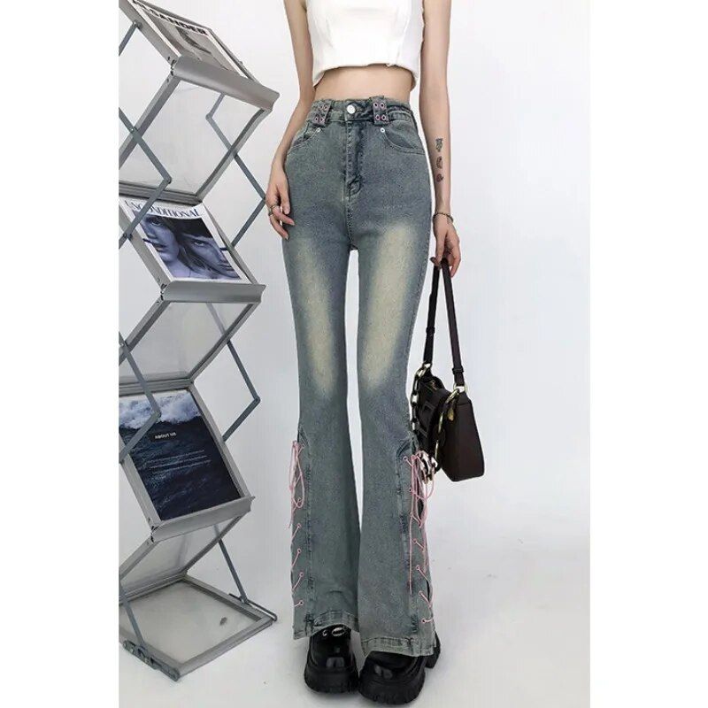2023 Autumn Vintage Lace-up High Waist Harajuku Y2K Blue Jeans Slim Fit Pants Women's Wide Leg Sheath Retro Denim Trouser_voghion.com
