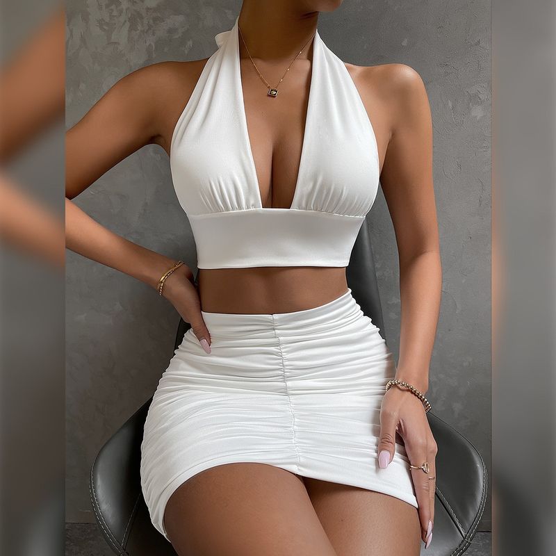 2024 Jupe enveloppée en dentelle à col suspendu pour femme Ensemble deux pièces Robe sexy à col en V avec nombril ouvert et plissé_voghion.com