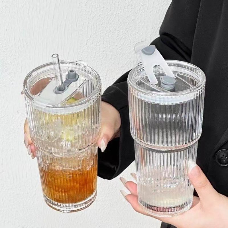 600ML Stripe Glass Coffee Cup With Straw Lid For Milk Tea Juice Breakfast Mugs Drinkware Travel Drinking Water Bottle Ho_voghion.com