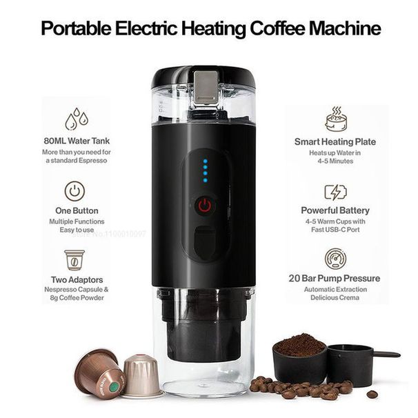 Portable Coffee Machine Espresso for Car & Home Rechargeable 20Bar DC12V Coffee Maker Fit Nespresso Capsule Coffee Powder 20 Bar_voghion.com