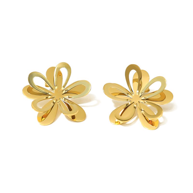 Orecchini da donna in stile corte francese, in acciaio inossidabile con fiore in oro K, design cavo, orecchini in acciaio al titanio, non sbiadiscono_voghion.com