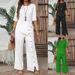 Women's Clothing Trousers Suit Elegant Fashion Casual Button Half Sleeve Shirt Loose Two Piece Suit_voghion.com