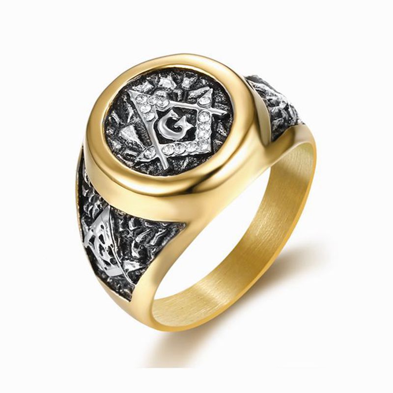 Freemasonry logo AG ring street fashion gold Freemasonry white diamond ring stainless steel retro ring_voghion.com