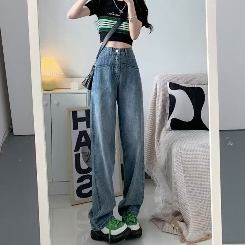 Early autumn, short stature, high waist, straight plus size jeans for women, loose fit, slimming, sagging, wide leg,_voghion.com