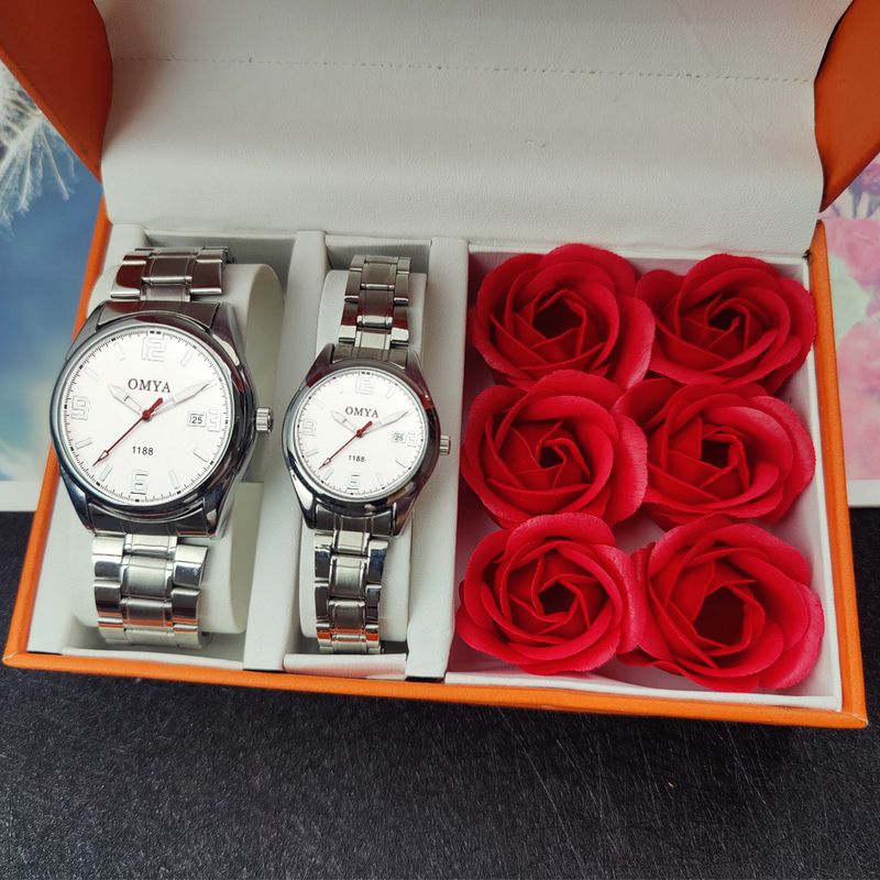 Rozen geschenkdoos paar horlogeset waterdichte kalender quartz horloges_voghion.com