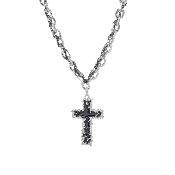 Collana unisex in acciaio inossidabile con ciondolo a croce, zircone e smalto a goccia, catena geometrica a strati alla moda per uomo e donna_voghion.com