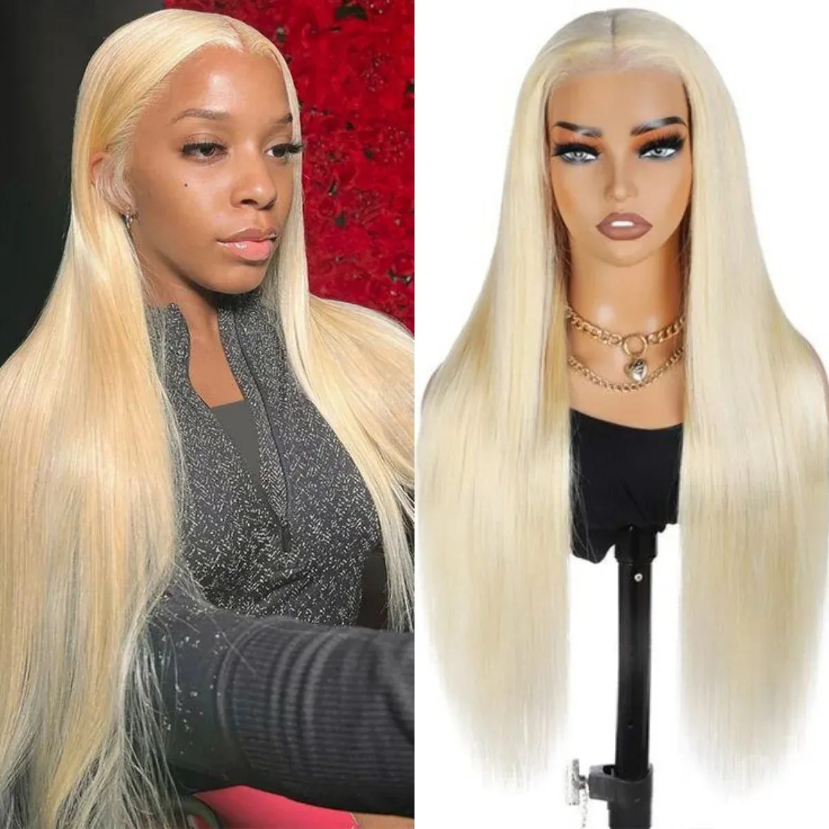 613 Szőke Egyenes Emberi Haj Paróka Ragasztó Nélküli Előre Vágott Csipke Elülső Paróka_voghion.com