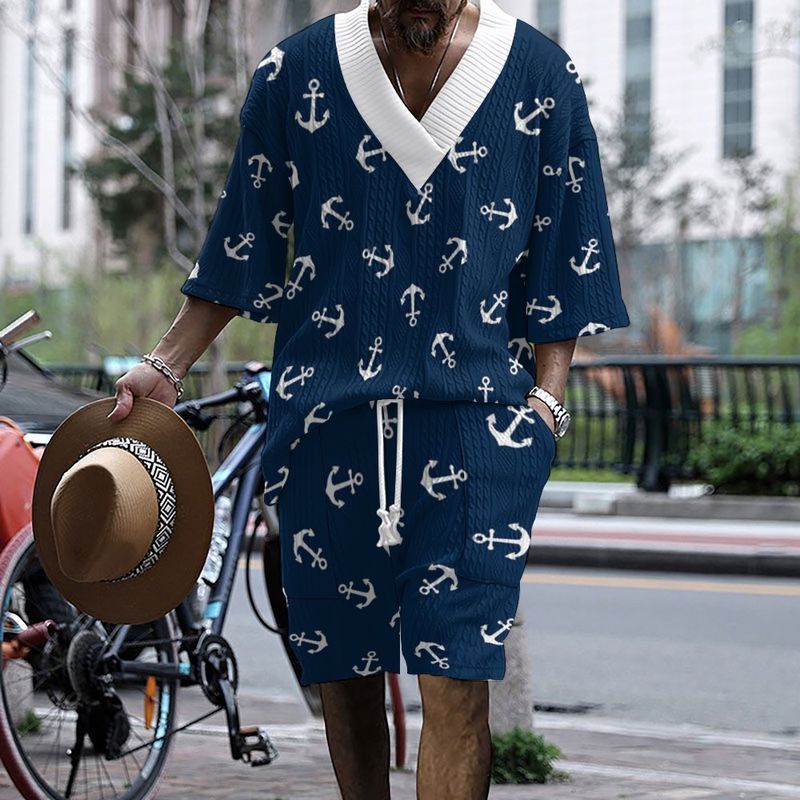 Fashion Tech Plaid Print Oversize Drop Shoulder Men's Knitted Short Sleeve Shorts Set_voghion.com