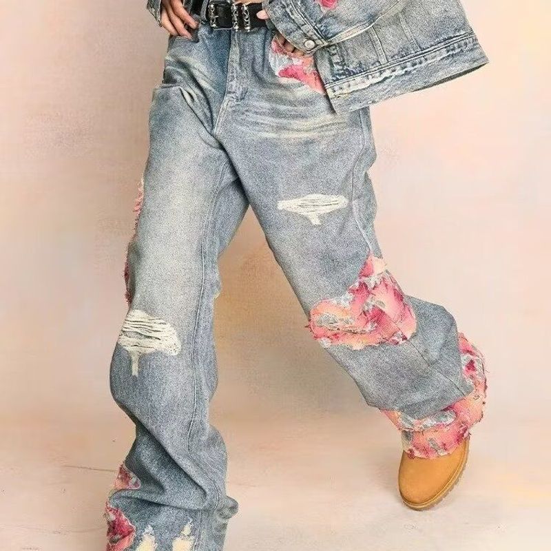 [Lace Splicing] Street Sunset Lace Splicing Jeans Heren Hip Hop Hiphop Niche Veelzijdige Micro Pull Losse Vloerbroek_voghion.com
