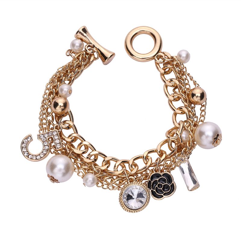 Mehrschichtiges Designer-Perlenarmband aus Titanstahl mit kleiner Blume, digitales 5-Kettenarmband im Heavy-Metal-Rock-Stil_voghion.com