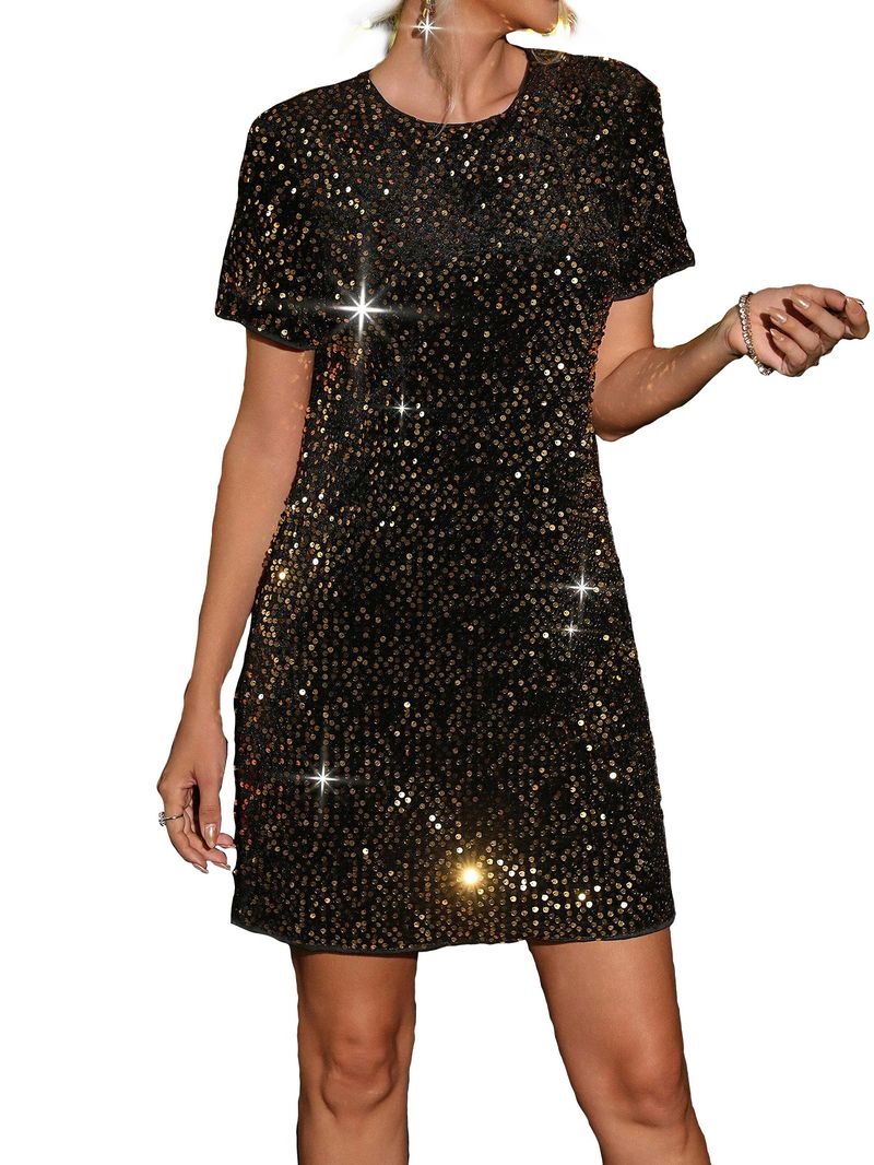 OM10244 Abito da sera a maniche corte con scollo rotondo e paillettes tinta unita da donna_voghion.com