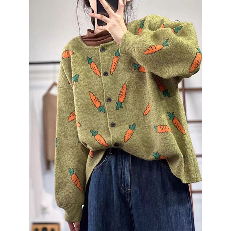 2024 new round neck knitted forest style artistic printed western-style sweater loose autumn and winter casual lazy_voghion.com