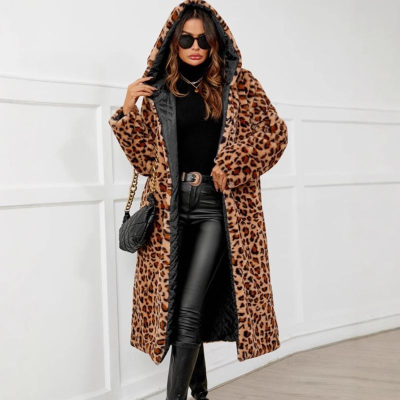Cappotto in pelliccia sintetica con stampa leopardata - Cappotto lungo invernale con cappuccio, giacca calda e morbida da donna (S-XXXL)_voghion.com