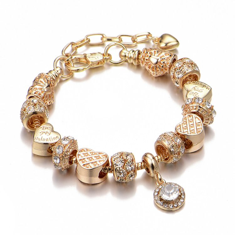 Pan Family Style Schlichtes, modisches, herzförmiges, diamantbesetztes DIY-Armband mit Goldperlen für Frauen_voghion.com