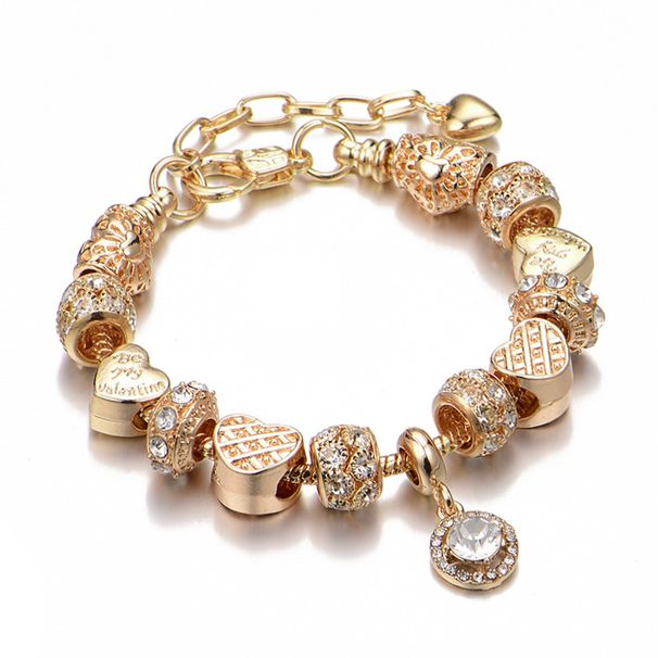 Pan Family Style Schlichtes, modisches, herzförmiges, diamantbesetztes DIY-Armband mit Goldperlen für Frauen_voghion.com