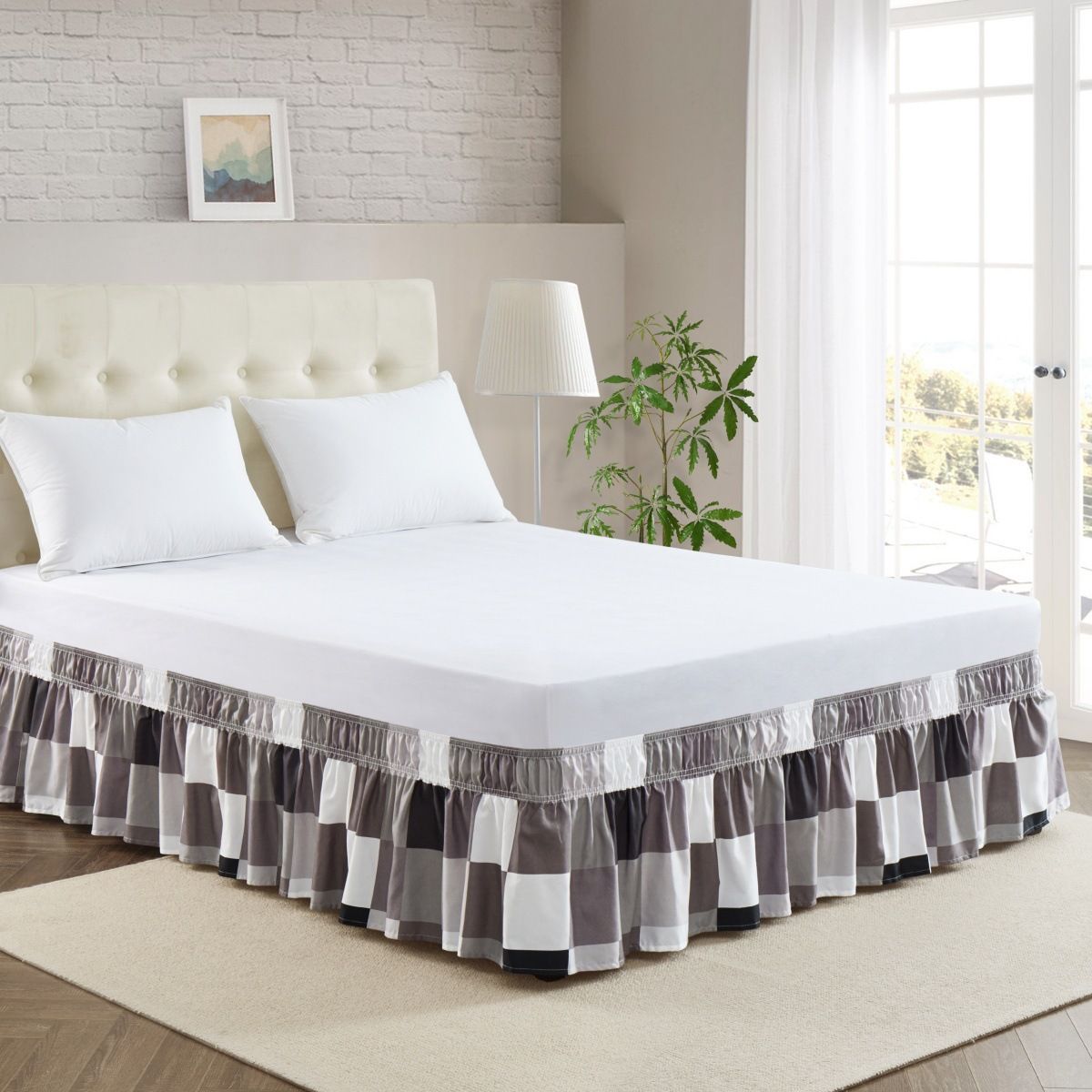 Checkered Bed Skirt With Elastic Hem – Modern Hotel-Style Bedding Wrap – Multiple Sizes – Black White Grey Brown Geometric Pattern_voghion.com