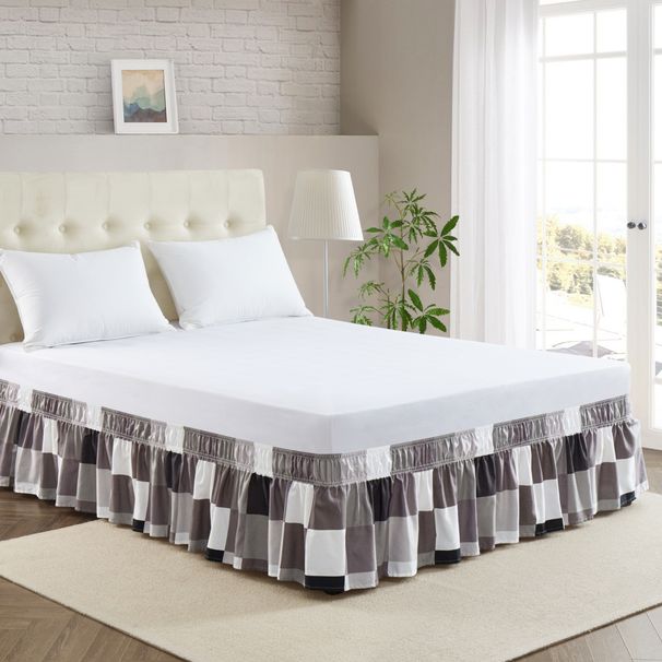 Checkered Bed Skirt With Elastic Hem – Modern Hotel-Style Bedding Wrap – Multiple Sizes – Black White Grey Brown Geometric Pattern_voghion.com