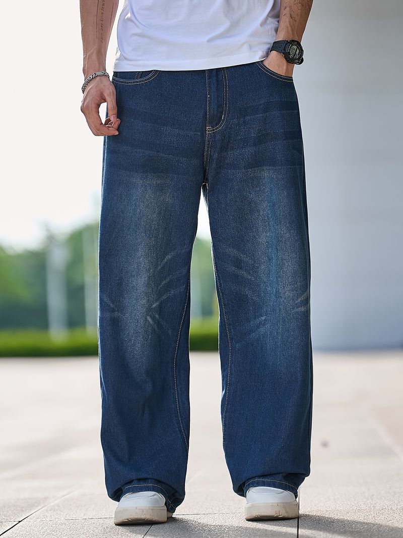 1pc Unisex Wide Leg Denim Jeans, Casual Loose Fit All-Season Pants With Pockets, , Solid Color Regular Length Belt Not Included_voghion.com