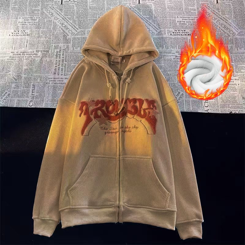 American Style Plush And Thick Letter Embroidery Cardigan Sweater Couple Loose Hooded Jacket_voghion.com