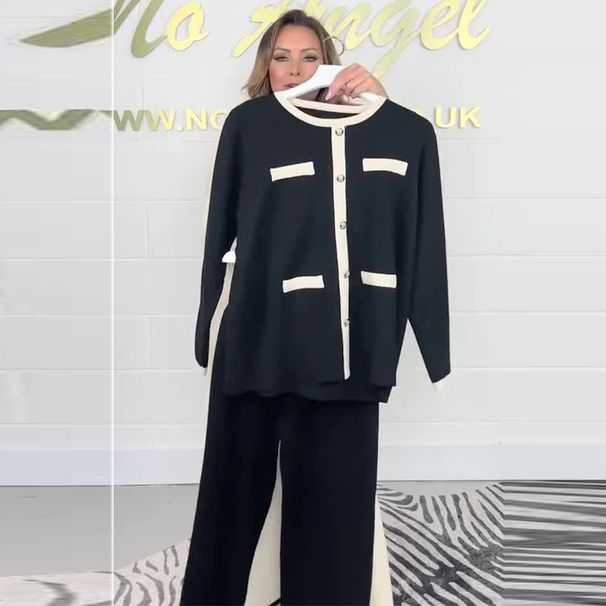 Schickes Strickhosen-Set mit Kontrastbesatz – Langarmshirt + Hose mit hoher Taille (XS-XXXL, Polyester, lässige Eleganz)_voghion.com