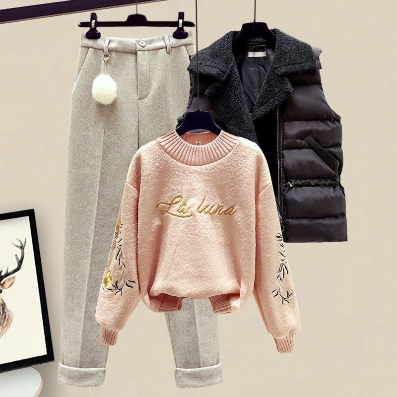 Gentle Style Outfit Fashion Matching Elegant Vest Sweatshirt Pants Autumn Winter Women's Three-Piece Set_voghion.com