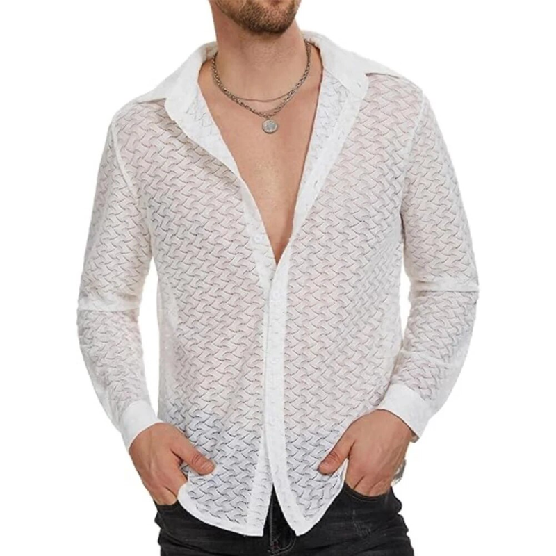 Moda uomo maglia trasparente Baggy Top sexy a maniche lunghe scollo a V monopetto camicia in chiffon trasparente Top Abbigliamento uomo_voghion.com