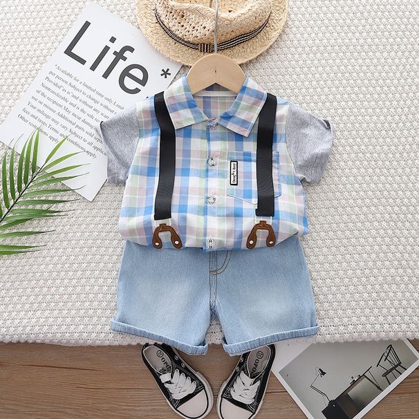 Babybarn 2024 nytt lapptäcke rutig kostymskjorta kortärmad shorts tvådelat set för pojkar sommarkläder_voghion.com