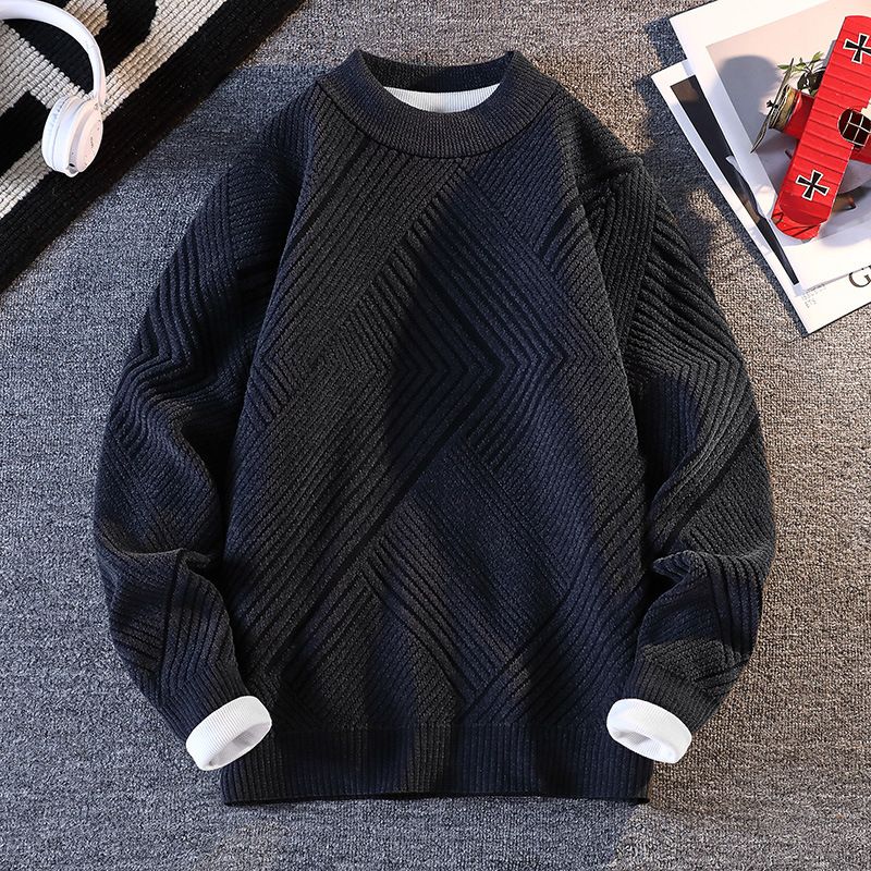 Maglione da uomo in ciniglia spessa con collo alto per studenti - Maglieria invernale morbida e calda in bianco e nero (taglie dalla M alla 3XL)_voghion.com